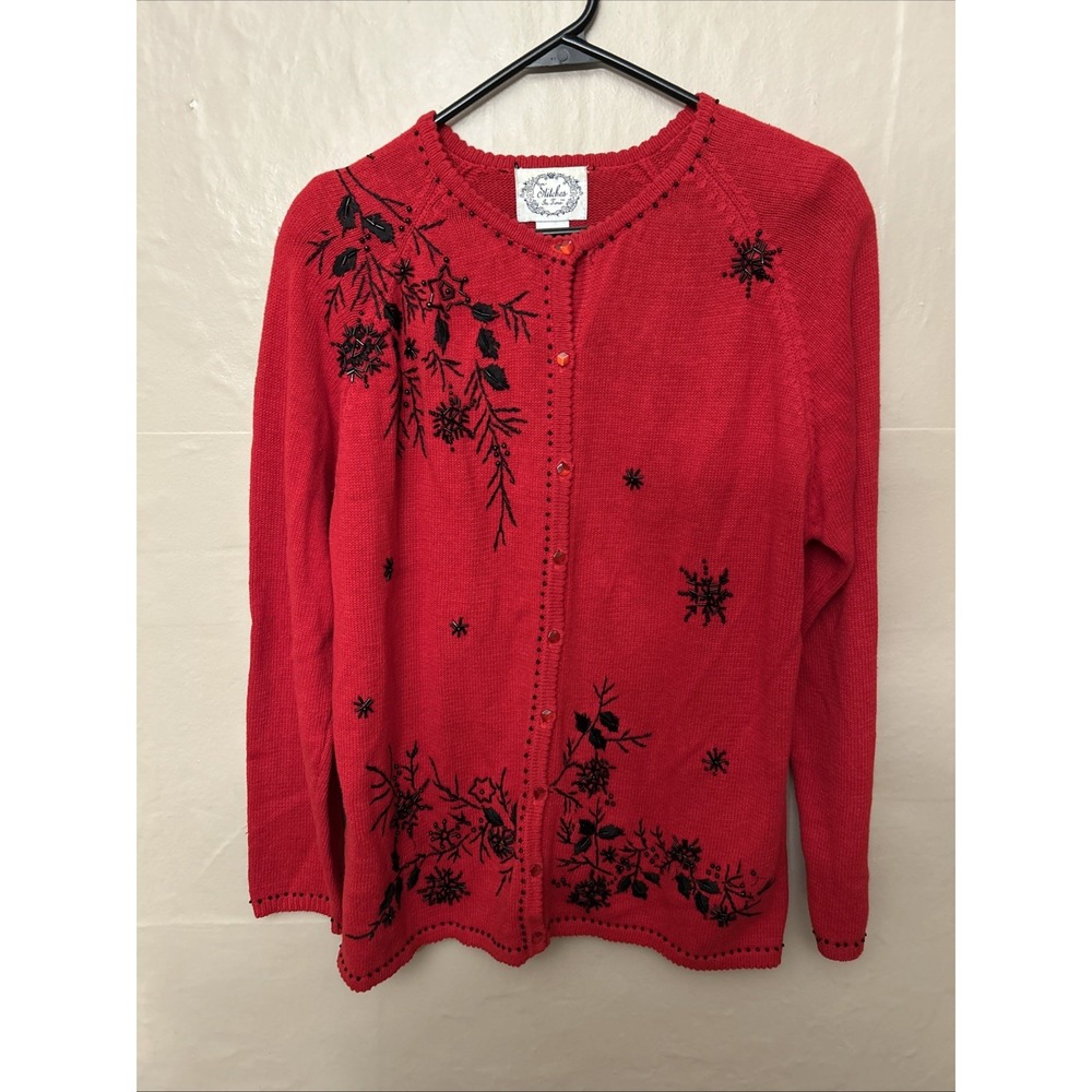 Stitches In‎ Time Medium Red Button Front Sweater Black Beading